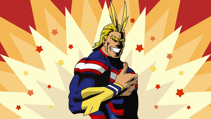 Imagem do personagem All-Might do anime Boku no Hero fazendo um simbolo de 'joinha' com a mão